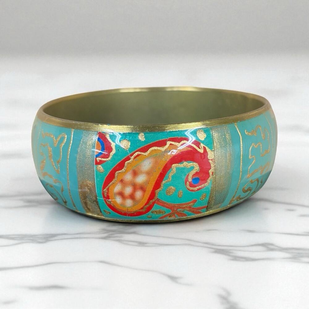 Vtg Brass Green Paisley Bird Bangle Bracelet Hand Painted Enamel Jewelry